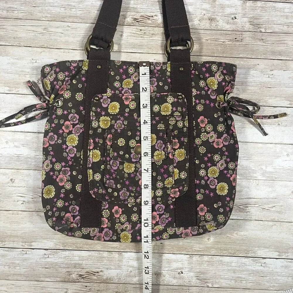 Everyday Shoulder Bag Brown Floral Button Closure, Boho, Cottagecore, Pockets